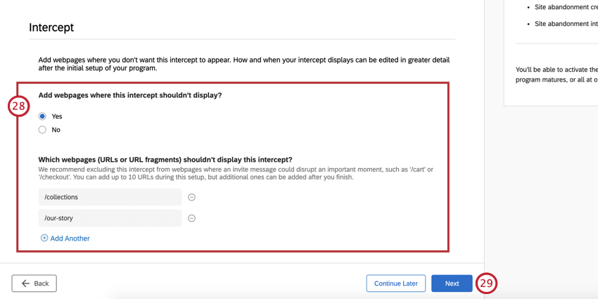 Intercept settings