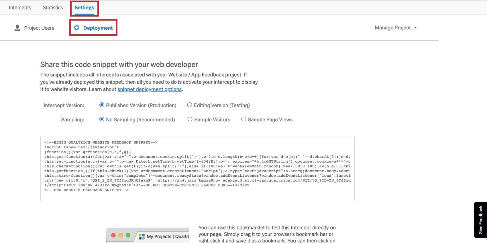 Deployment section of the settings shows code