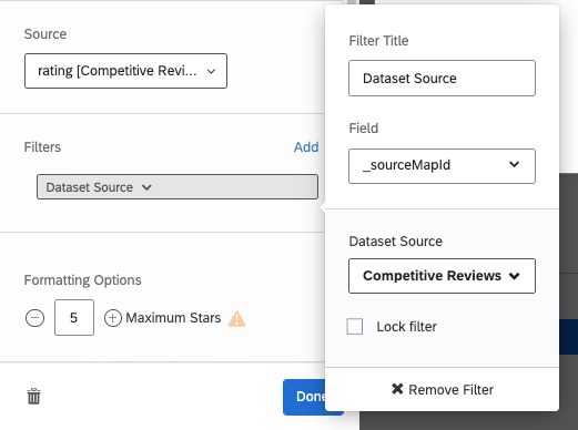 editing a widget to add a dataset source filter