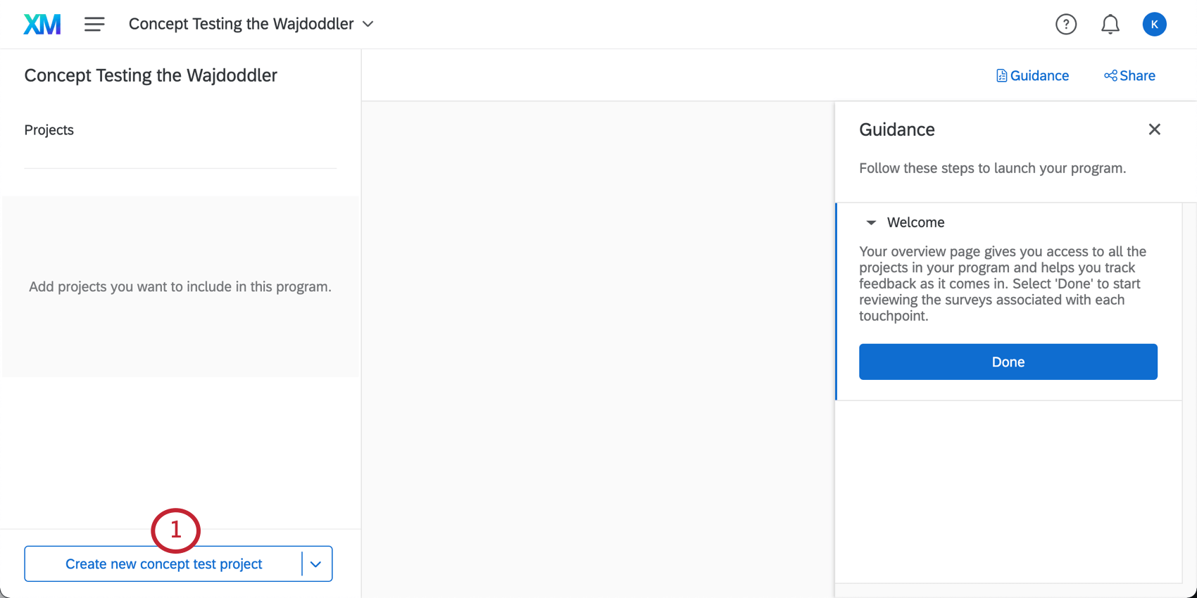 Image of "create ew concept test program" button - not the dropdown next to it