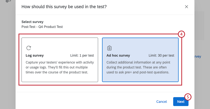 options to make a survey a log survey vs. an ad-hoc survey; ad-hoc is selected
