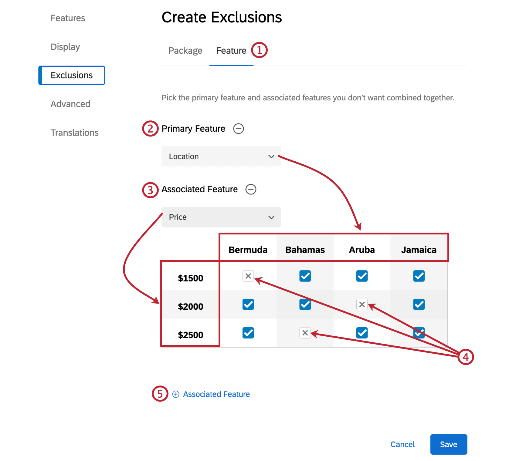 Dropdown for primary feature, dropdown for associated feature, chart with select boxes where the columns and rows intersect