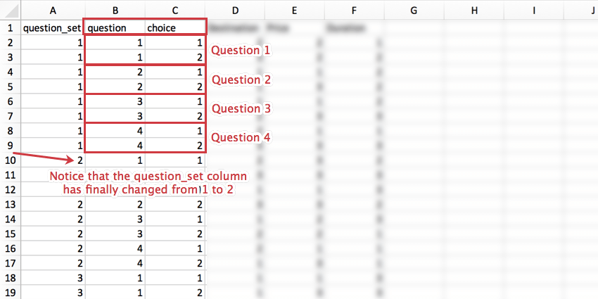 A CSV with the changing rows and ow they correspond to choices highlighted in red