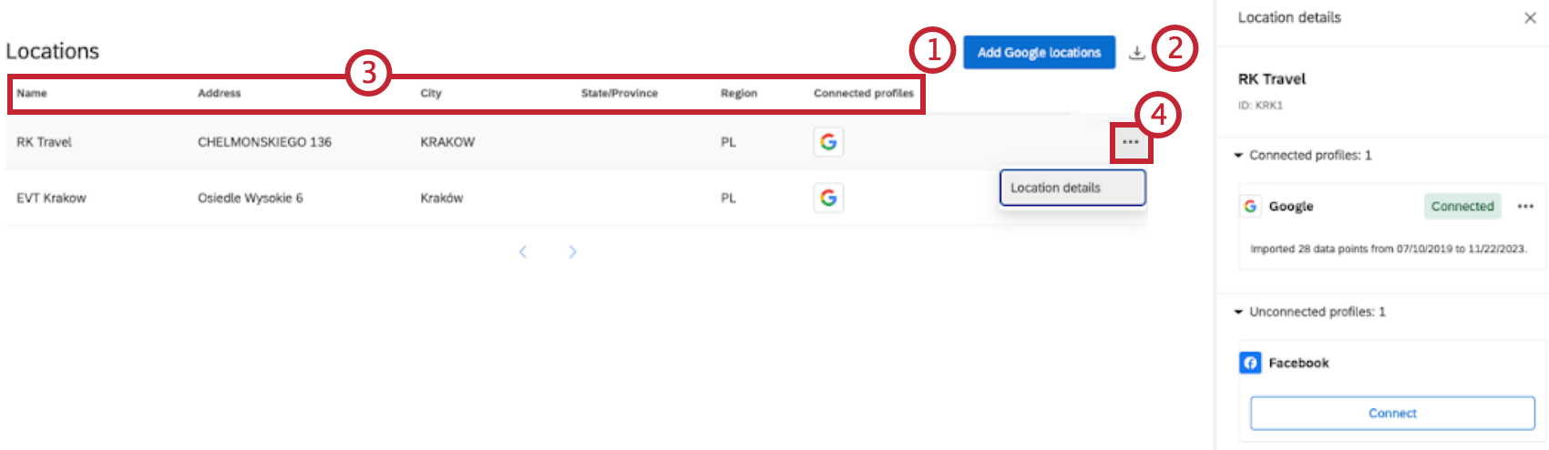 Reputation management tab has each location listed in a atable. 3 dots menu to far right of each location has edit location option inside