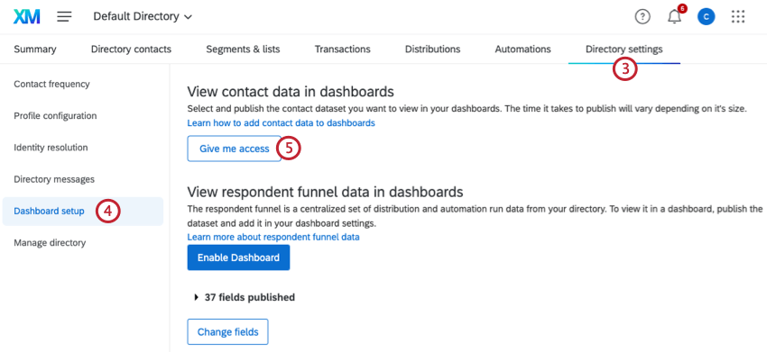 button for enabling contact data in dashboards within directory settings