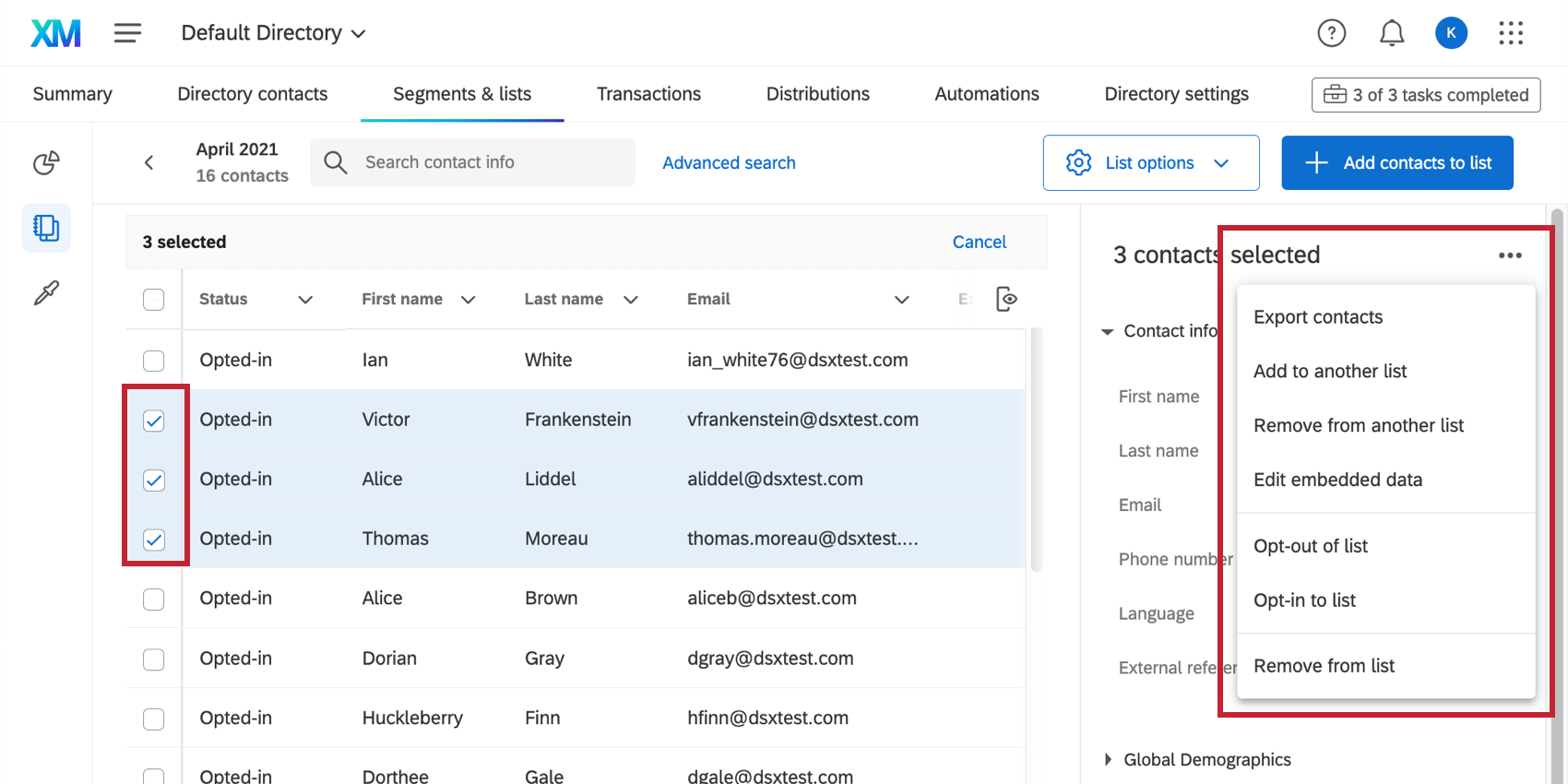 Image of multiple contacts selected, the dropdown on the right expanded
