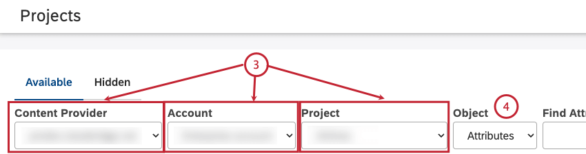 Select the content provider, account, and project. Choose whether to mark an attribute or a model as geographic.