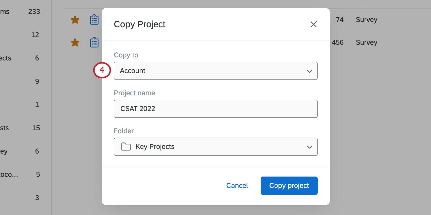 First field in the copying modal is highlighted