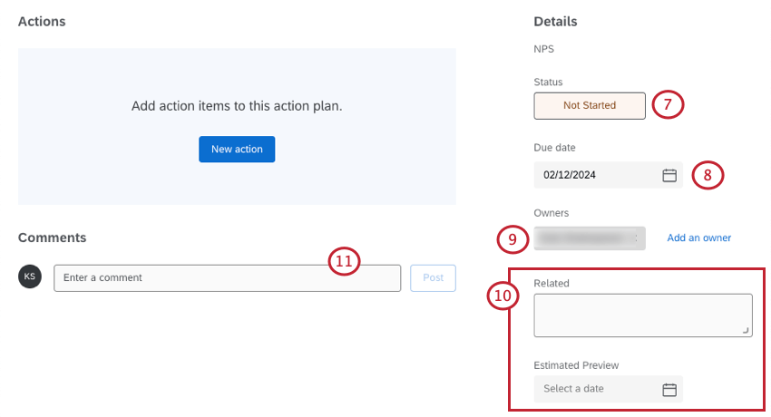 Fields you fill out to create an action plan