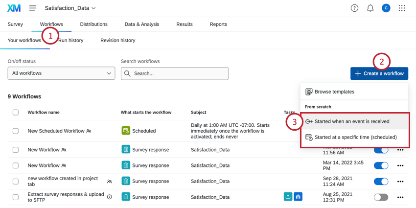 in the workflows tab, clicking create a workflow and choosing the type of workflow