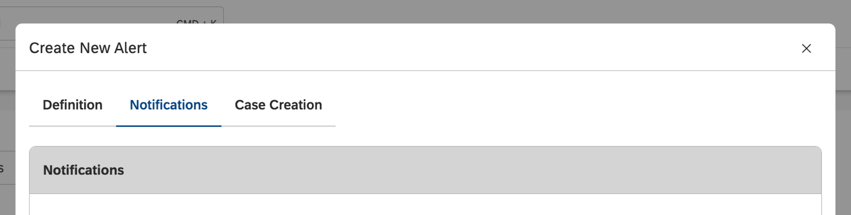 Notifications tab of the new create new alert window
