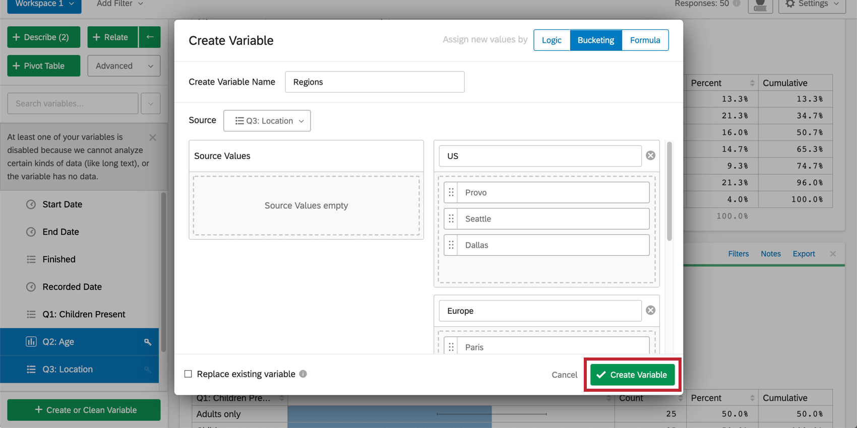 Create variable button in green in lower-right
