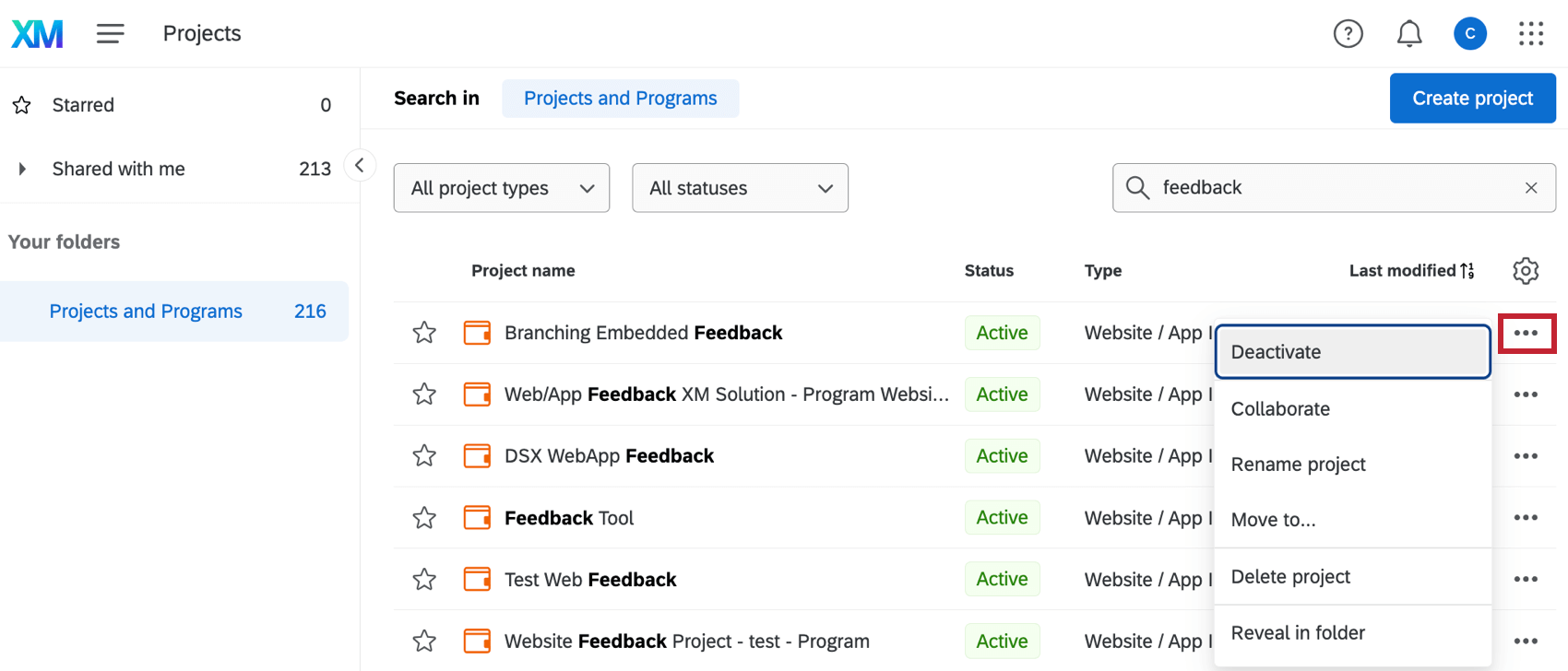 Dropdown menu next to a Website / App Insights project