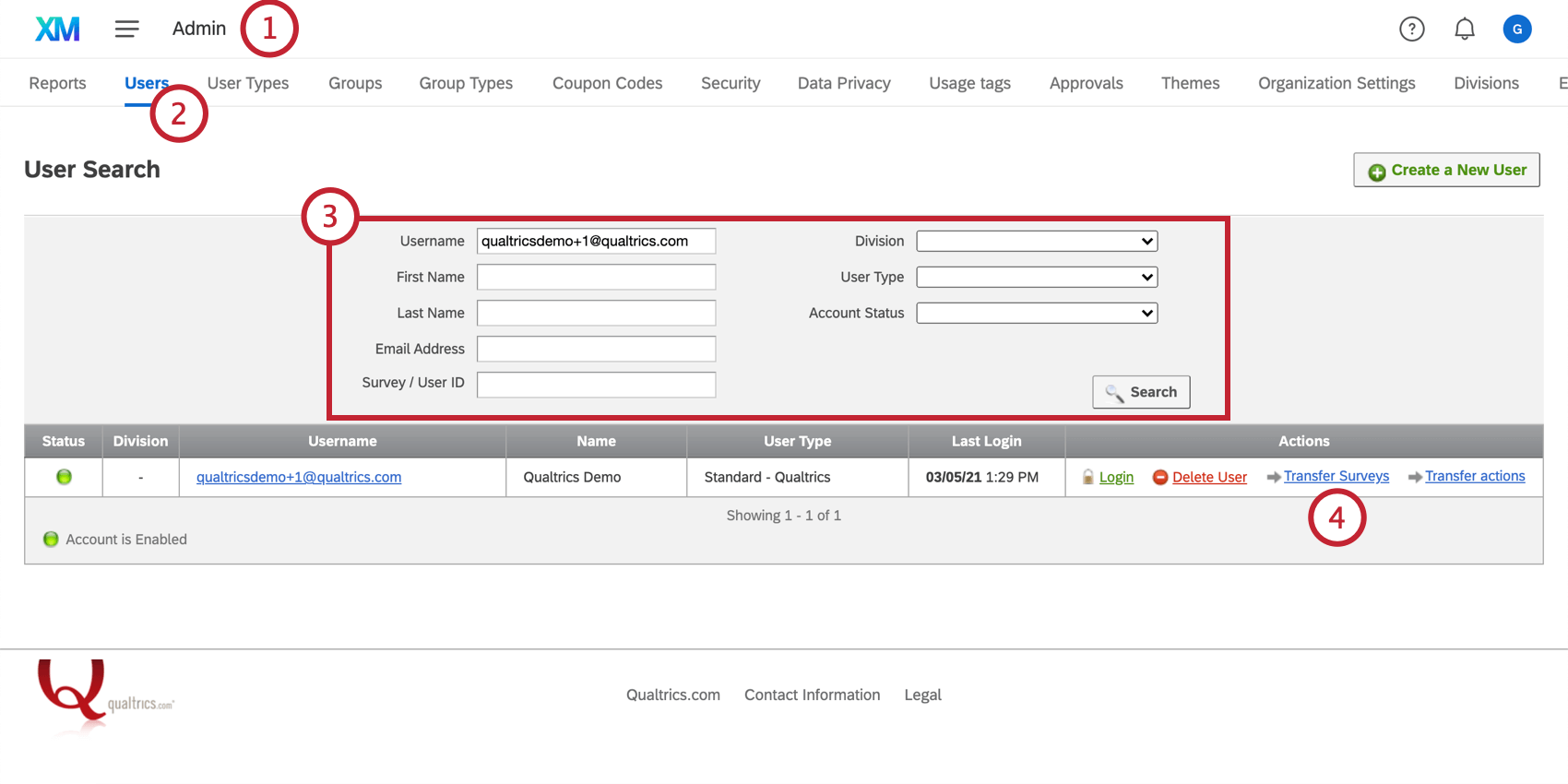 Transfer surveys option on the Users page