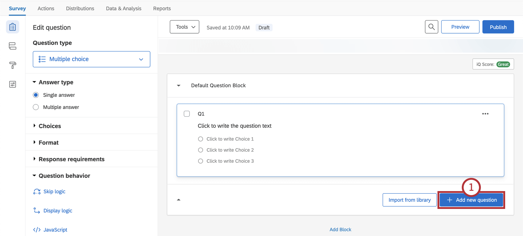 Blue add question button in lower-right of builder, inside a block