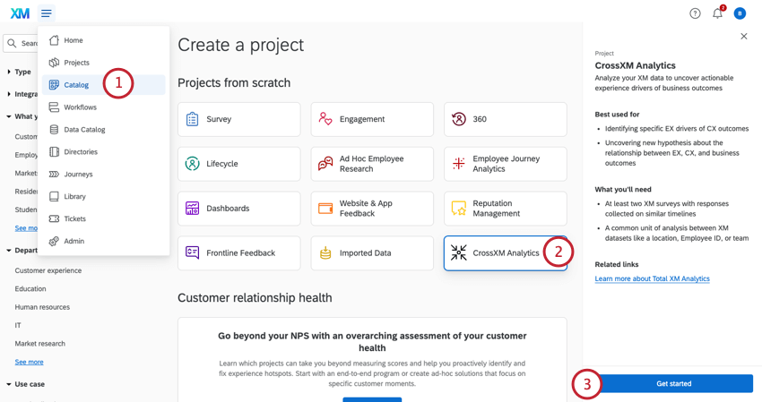 going to the catalog, selecting crossxm analytics, and clicking get started