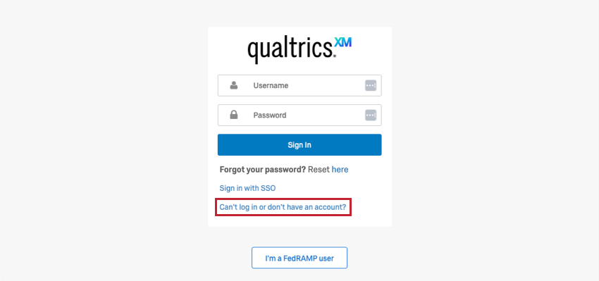 the support portal login screen with the "Can’t login or don’t have an account?" option highlighted