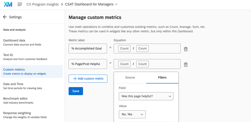the custom metrics section of dashboard settings
