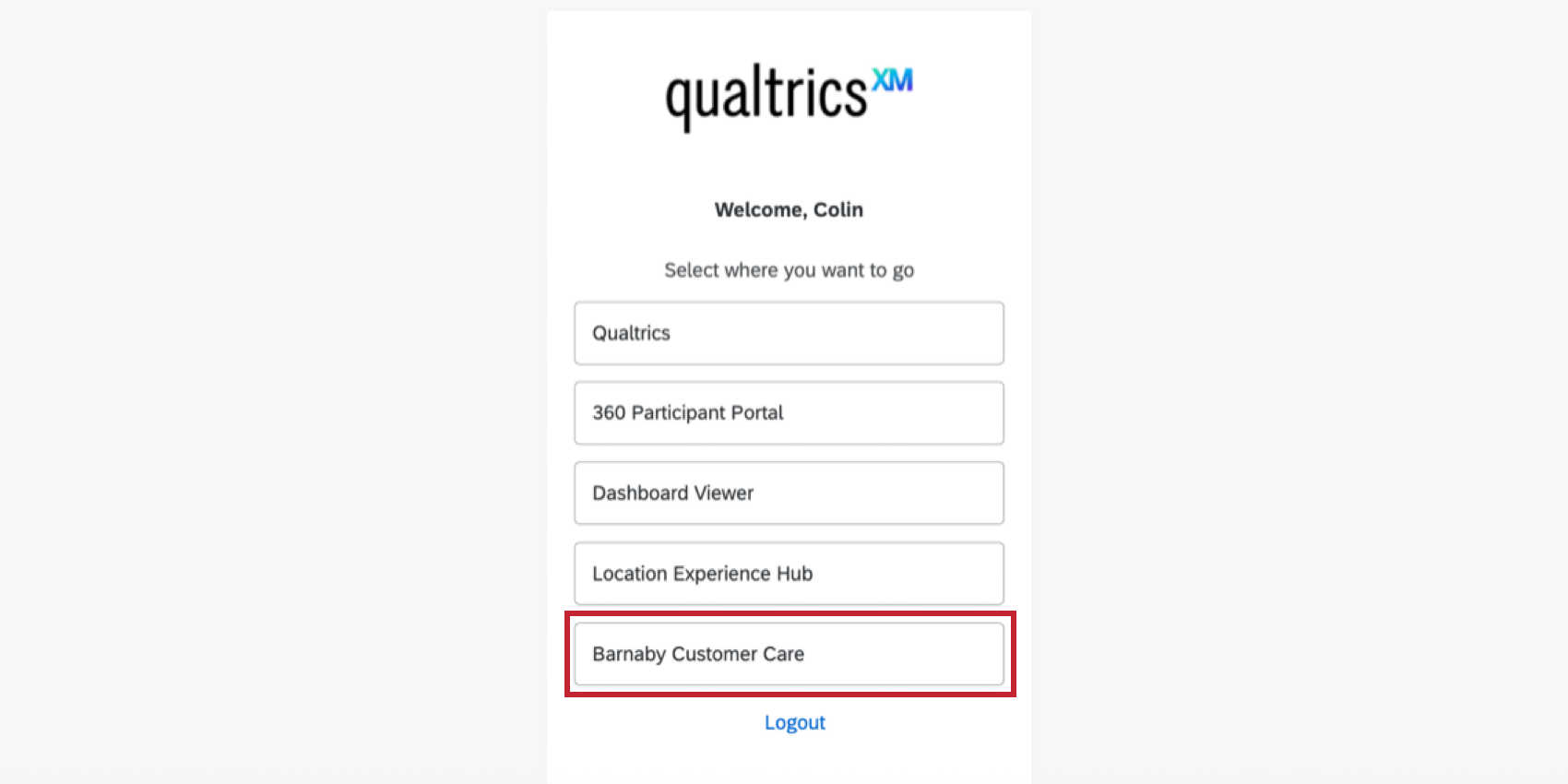 selecting the customer care app from the menu after logging in