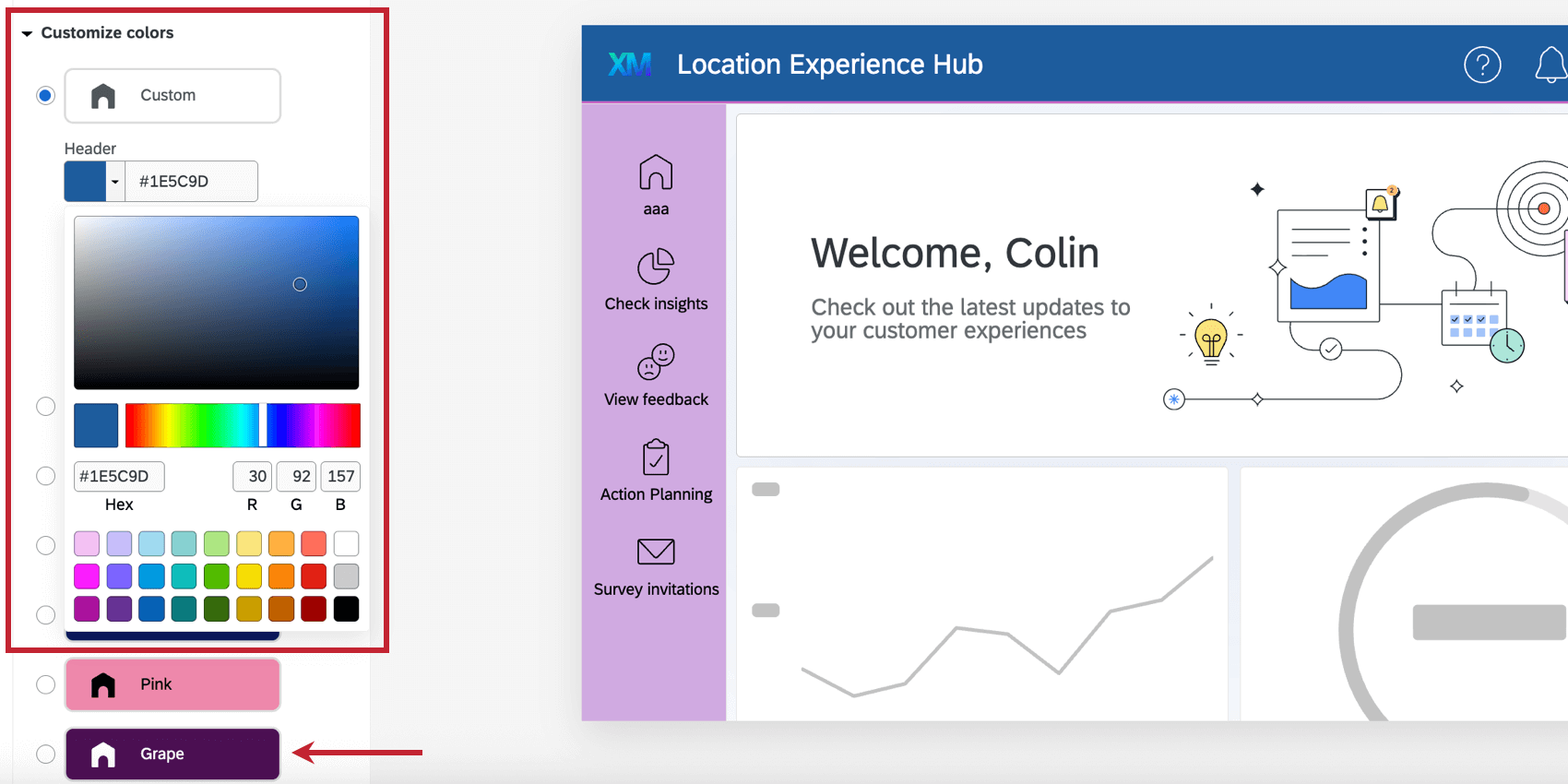 choosing customized colors in the location hub