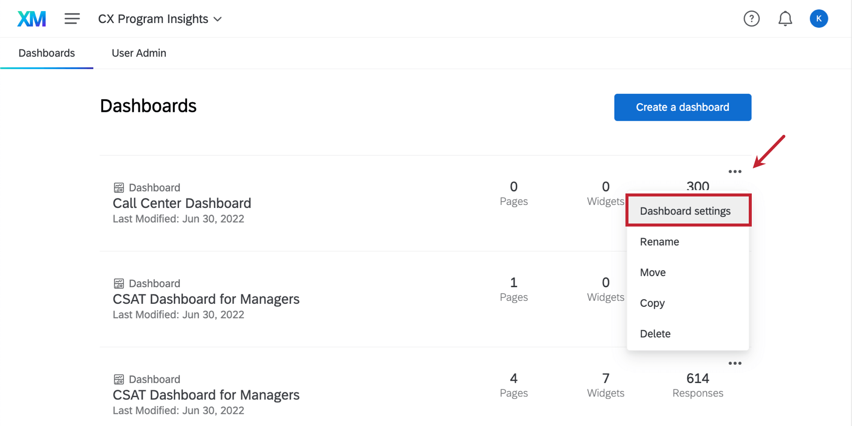 Dropdown next to dashboard expanded, first option is dashboard settings.