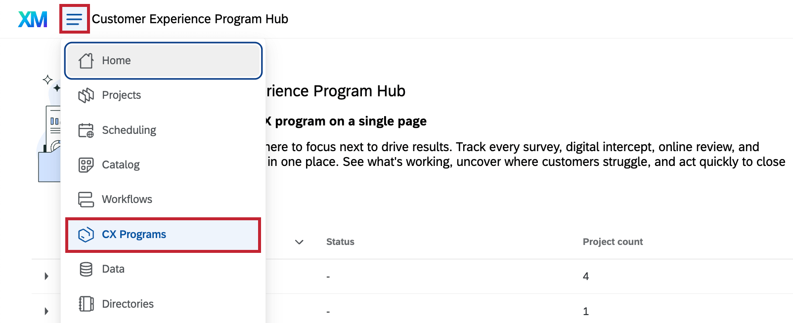 "CX Programs" highlighted within the global navigation menu