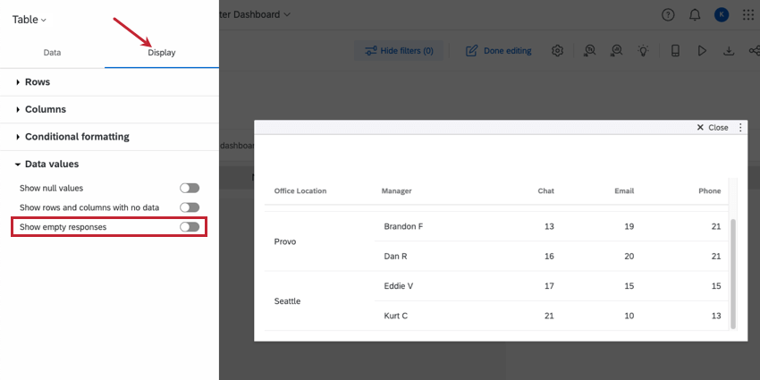 Show empty responses option, hidden under Data values dropdown in the display tab