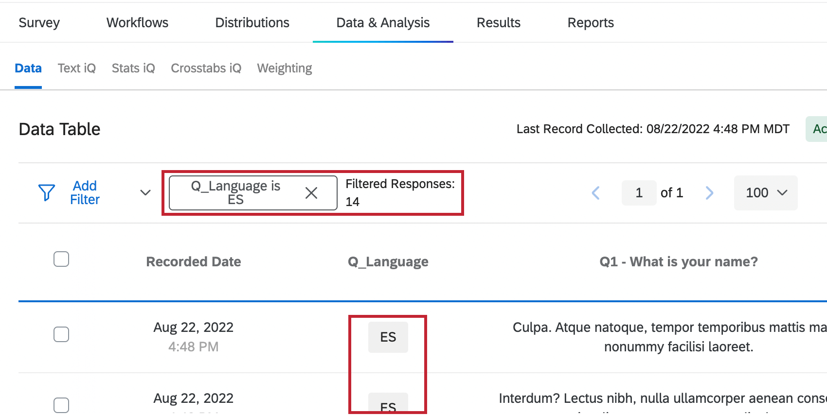 Filter on a report that says data will only be included in charts and tables if Q_Language is equal to ES