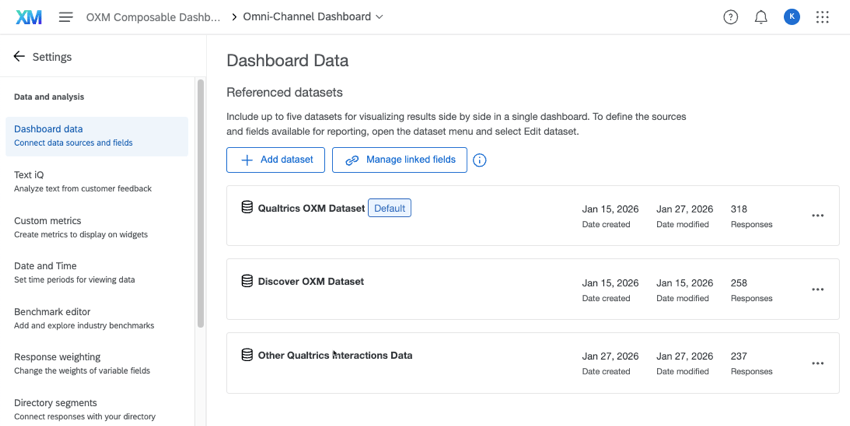 dashboard data page shows referenced datasets, then lists a few options, one marked default
