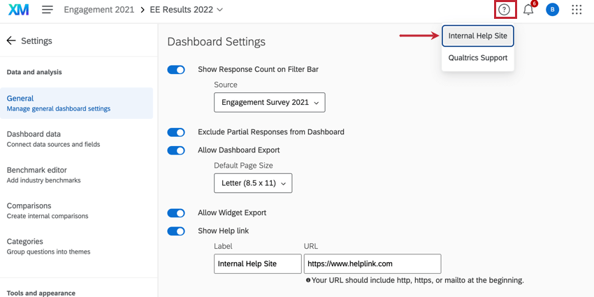 clicking the question mark icon to view the custom help link