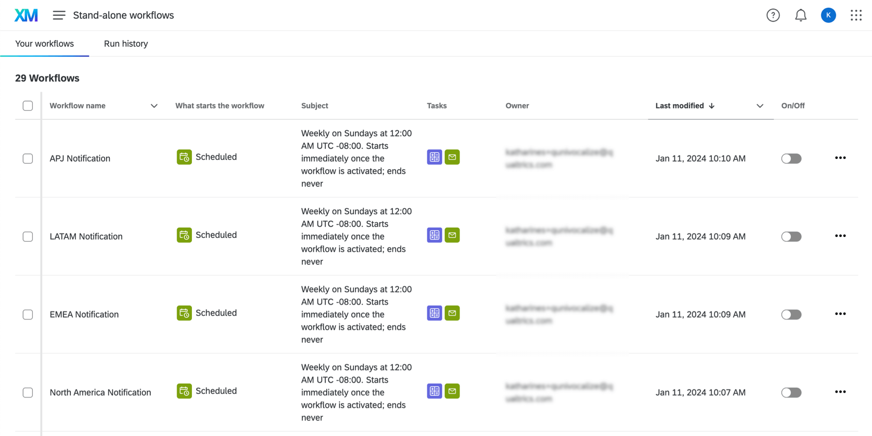 list of different workflows with different regions in the name