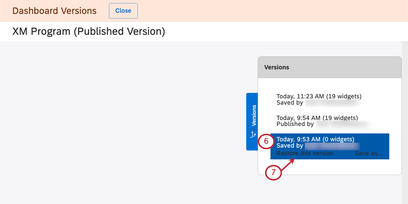 navigating versions window