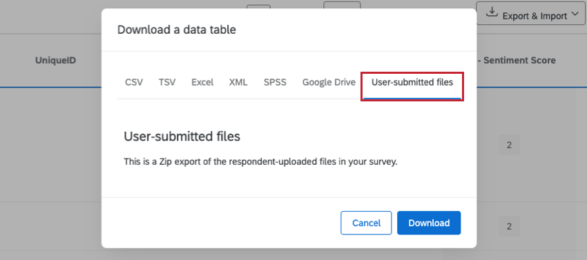 image of the data export window. the Export User Submitted Files export option is selected
