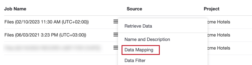 For existing jobs: You can access the data mapping setup by selecting the Data Mapping option from the job’s actions menu.