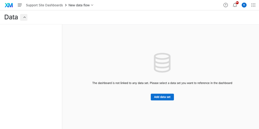 Image of a page named data. Empty but for button in center to add a dataset
