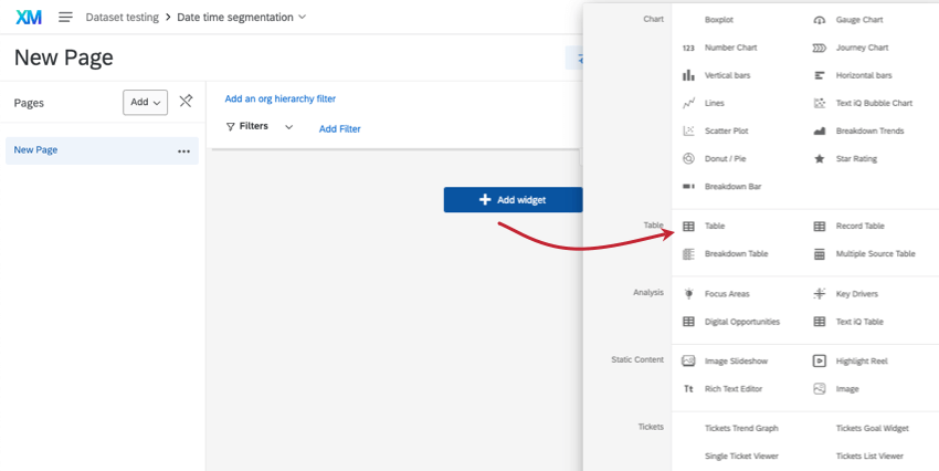 Add widget button in a dashboard, clicked so you can see the menu of all the different widgets