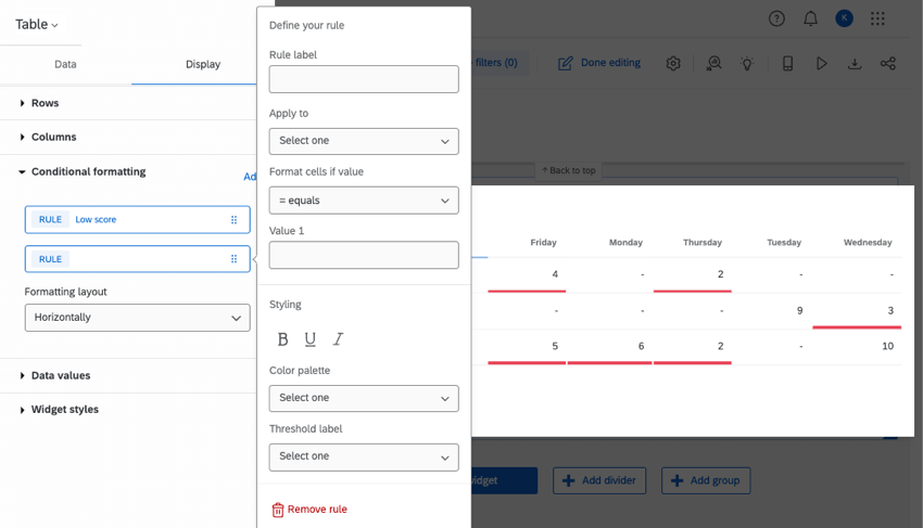 Conditional formatting settings in a table widget