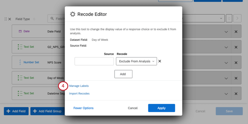 Manage labels button appears after more options is selected