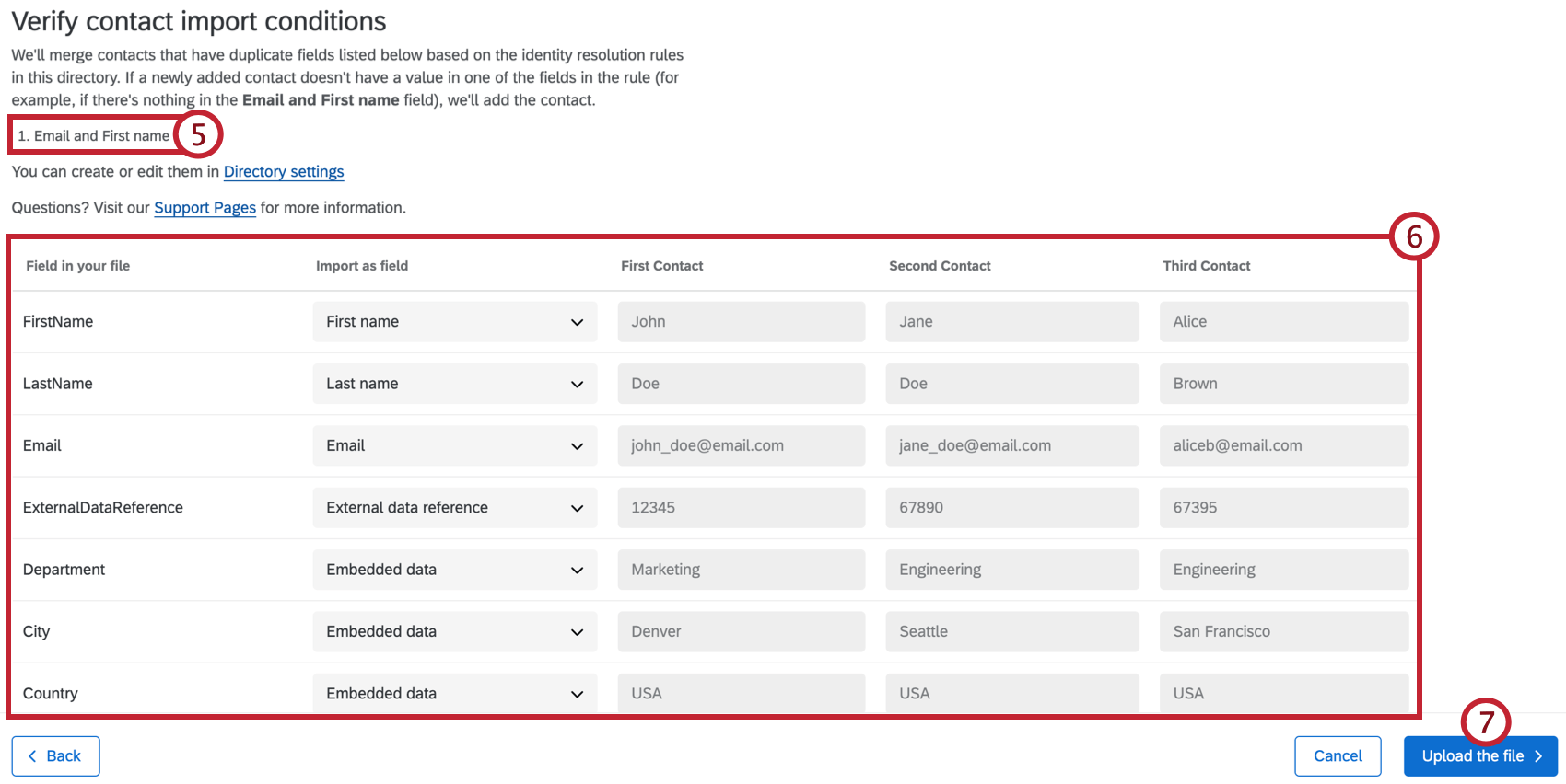 verifying contact import conditions and fields in the uploaded file