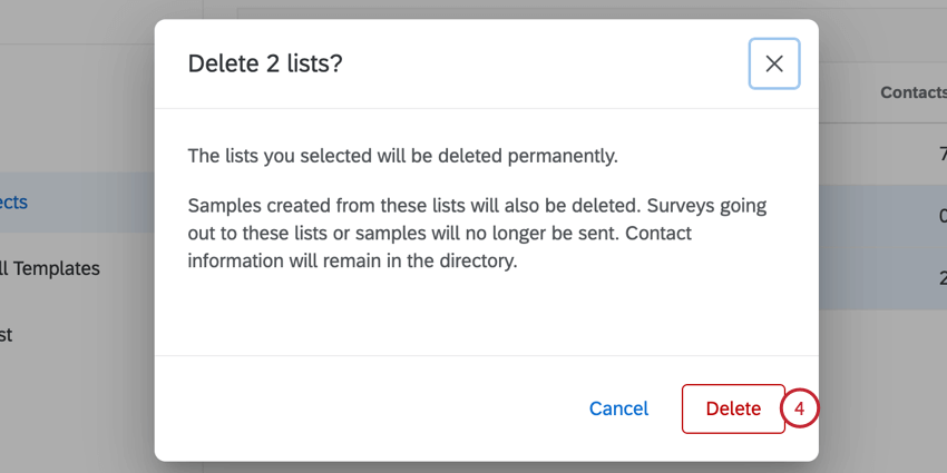 clicking delete in the popup window
