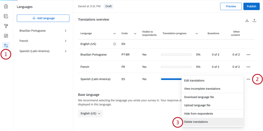 selecting a language and clicking delete translation