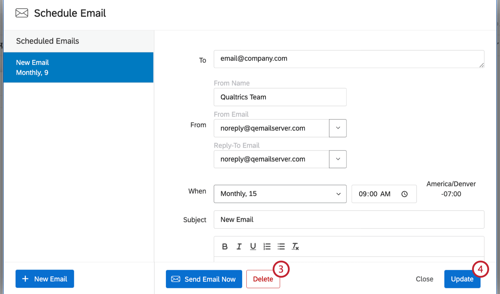 the options for deleting the scheduled report email