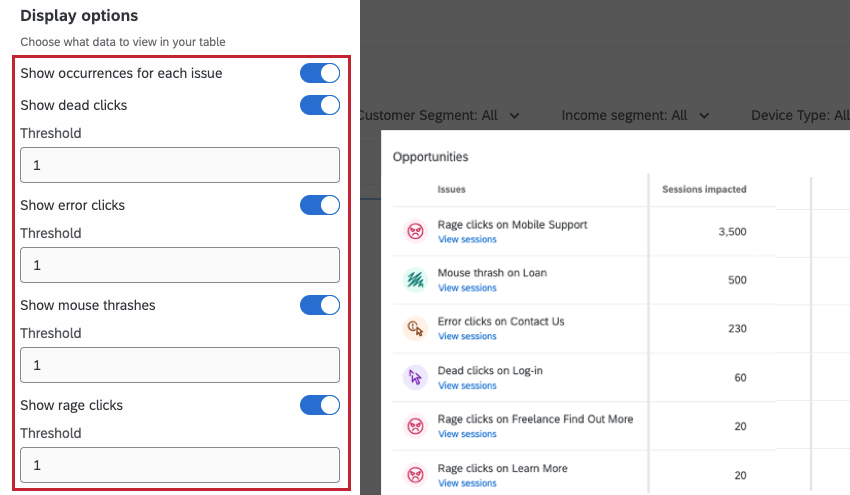 display options within the widget