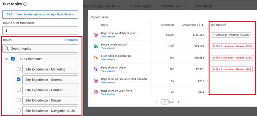selecting text topics for display in the widget