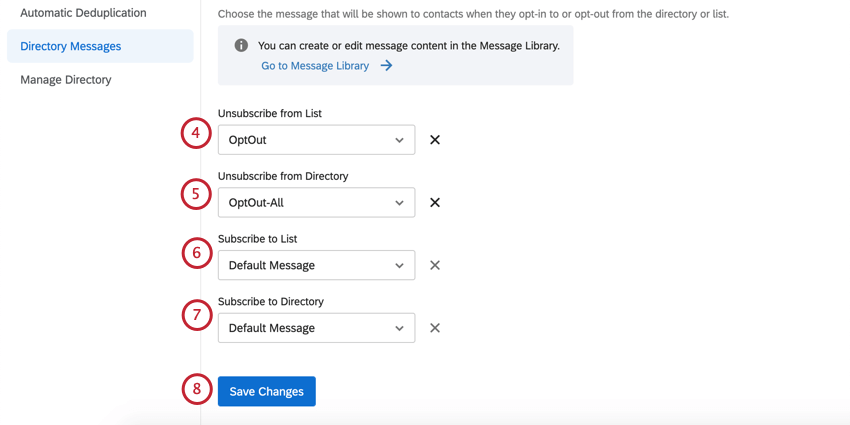 Subscription message options with blue save button at bottom