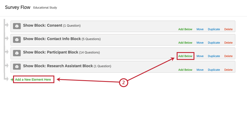 the add a new element here and add below buttons in the survey flow