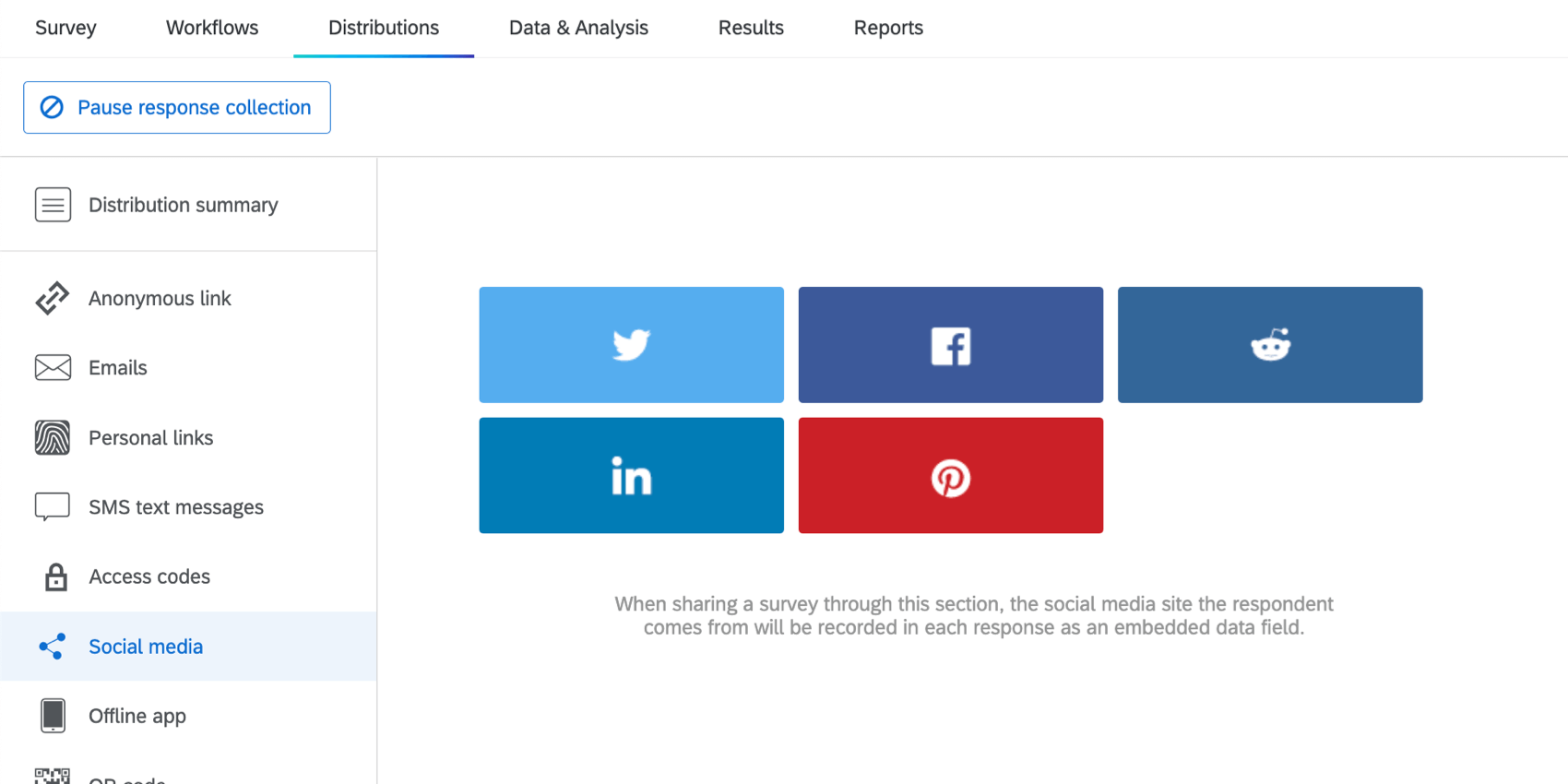 Social Media page selected from the lefthand pane of of the Distributions tab