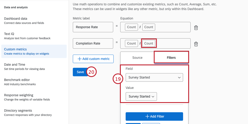 filtering the denominator for survey started