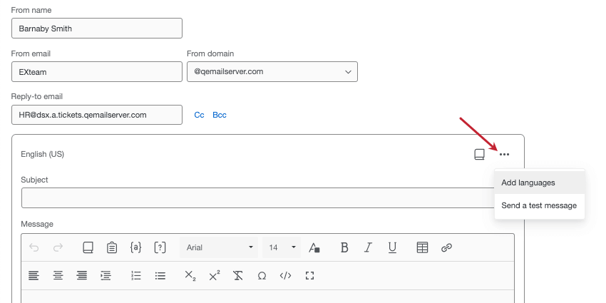 clicking 3 dots in top-right of email editor to reveal language and test settings