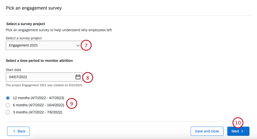 selecting an engagement survey and time period to monitor